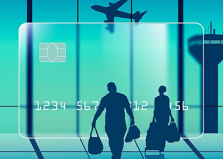 A 3D illustration of a credit card with air travelers in an airport terminal.