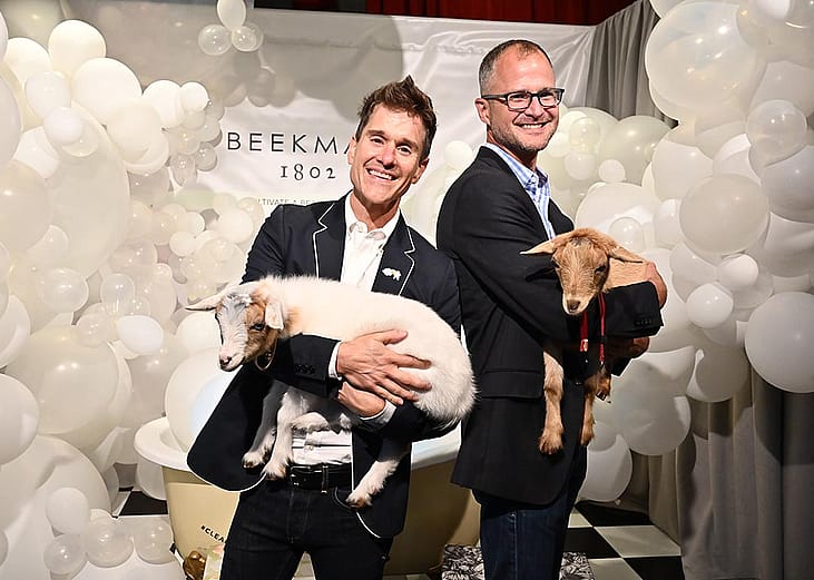 Dr. Brent Ridge and Josh Kilmer-Purcell of Beekman 1802 pose for a photo with Beekman goats as QVC presents Beauty Bash at The Fillmore Philadelphia on June 08, 2019 in Philadelphia, Pennsylvania.