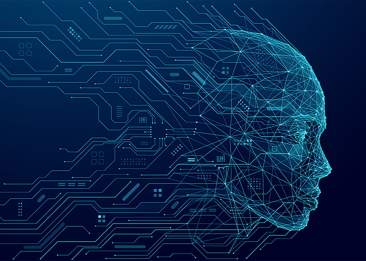 Concept of AI illustrated by abstract human head consisting of connected dots, lines, and polygons flows into the wires of a circuit. The silhouette of a cyborg in low poly blue.