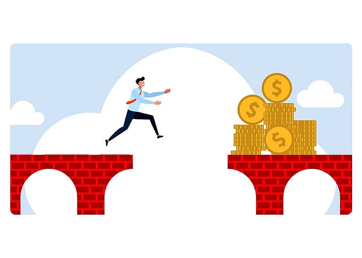 A custom vector illustration of a person jumping over the other side of a bridge with money.