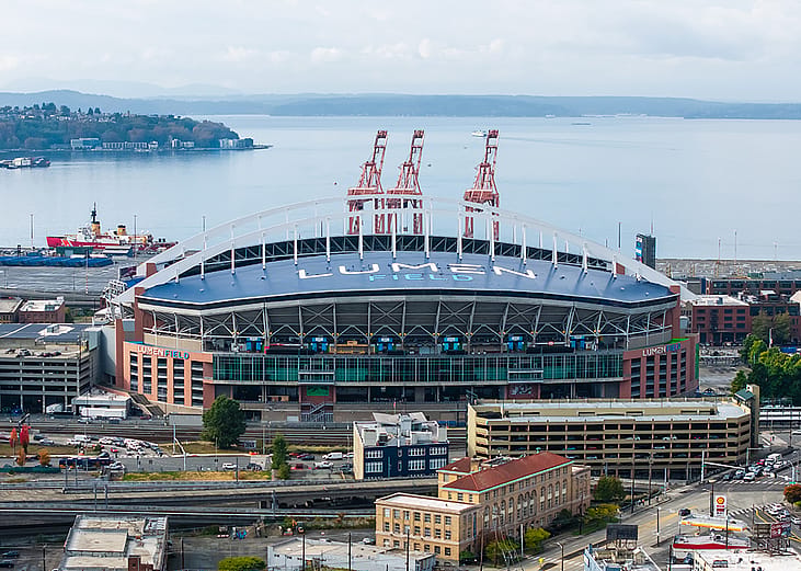 Aerial view of Lumen Field Stadium in Seattle, Washington.