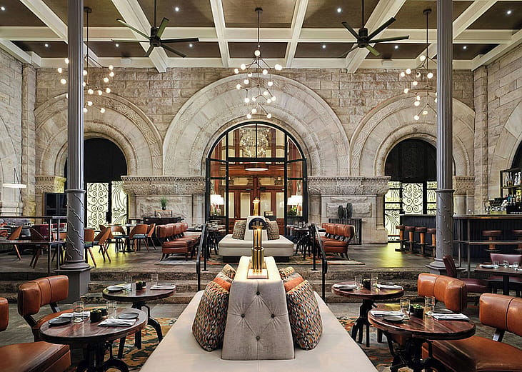 Interior of the Union Station Nashville Yards hotel lobby in Tennessee.