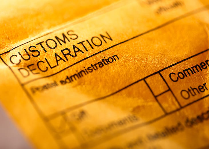 A post envelope closed up on the 'customs declaration' parts to fill out.