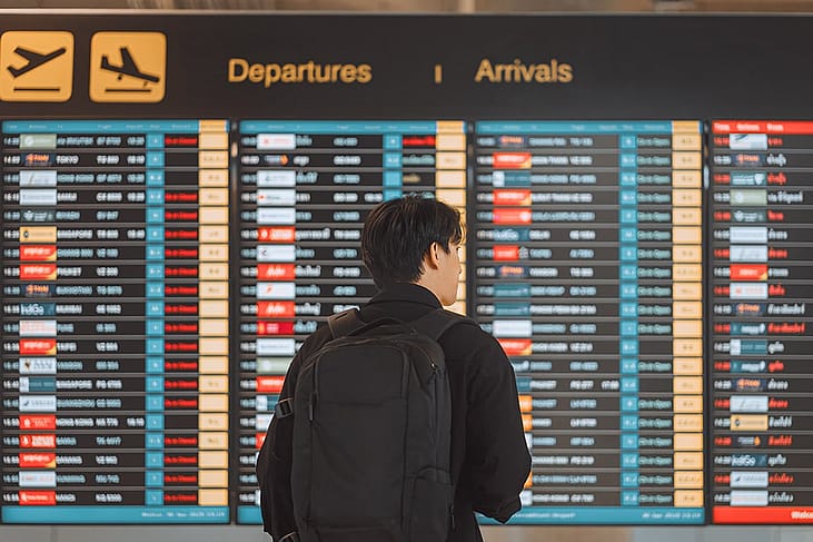 Rear view of a young man with a backpack looking at an airport's flight schedule board.