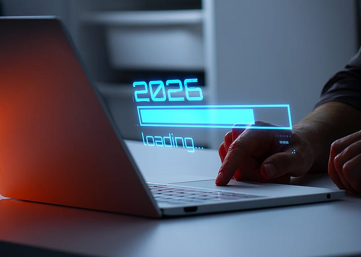 A person's hand interacting with a laptop illustrated with a holographic '2026 loading' graphic.