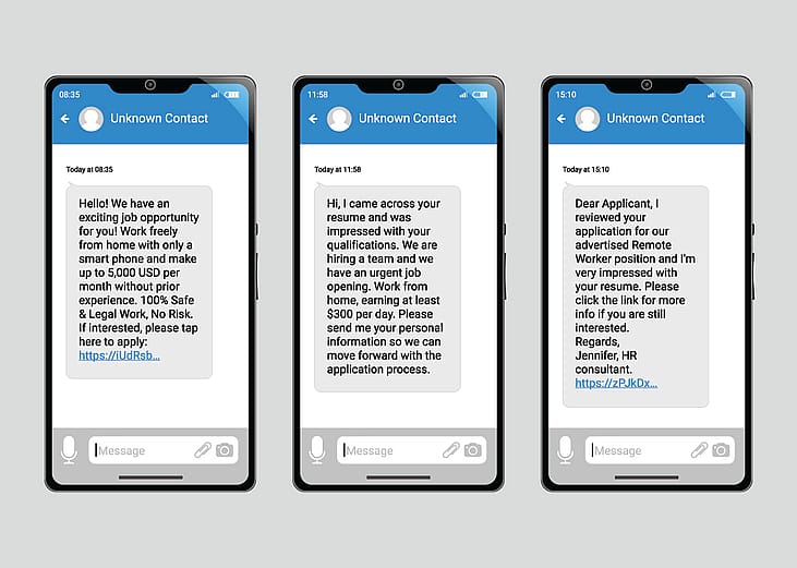 Three examples of scam job offer text messages from an unknown contact.