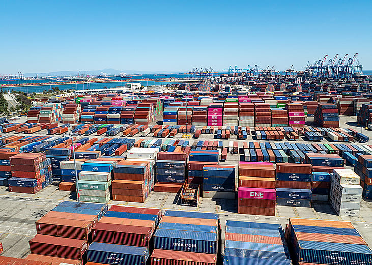 Stacked shipping containers in a port in Los Angeles, California.