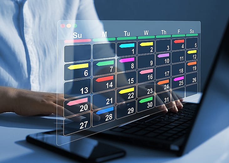 Person using a laptop with graphics of a digital calendar.