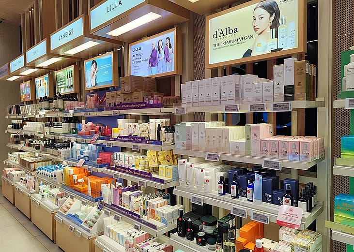 Aisles of Korean skincare brands.