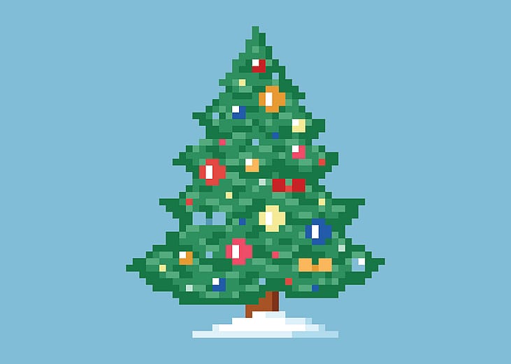 Pixel art of a Christmas tree with a blue background.