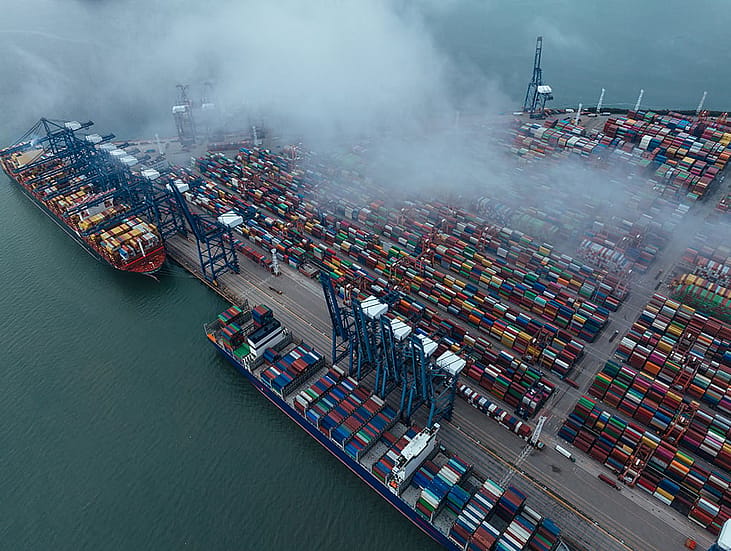 An aerial view of a cargo shipment terminal in China.