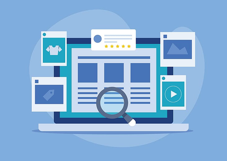 A vector illustration showing content strategy graphics for social media marketing.