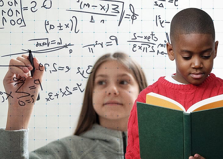 A collage of a young girl solving math problems using a marker and a young boy reading a math book.