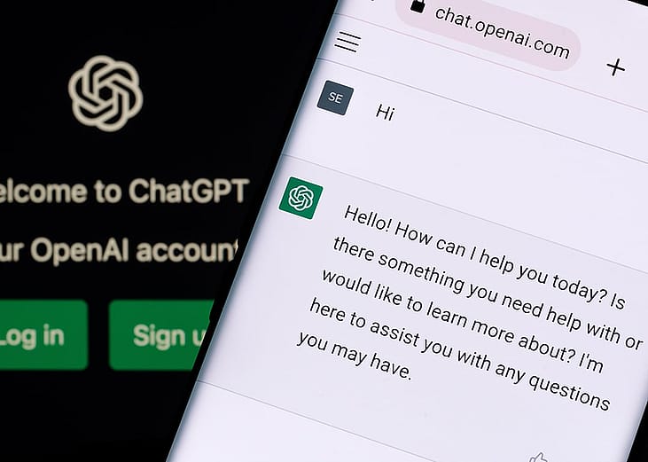 ChatGPT's greeting upon login as seen on a smartphone.