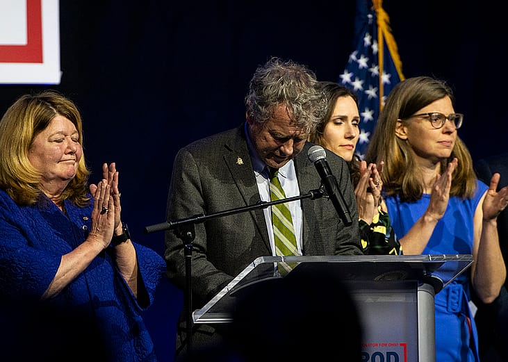 Senator Sherrod Brown (D-OH) gives a concession speech during an Election Night party on November 5, 2024 in Columbus, Ohio.