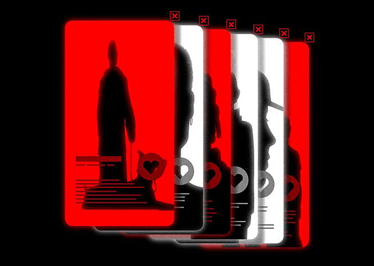 An illustration of a stack of dating app profiles in red, white and black colors.