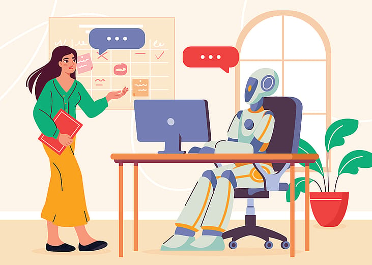 A vector illustration showing a female professional talking to an AI robot in an office.