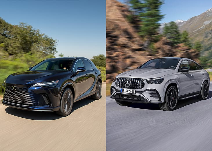 Side-by-side by photos of a Mercedes-Benz GLE and Lexus RX driving on a road.