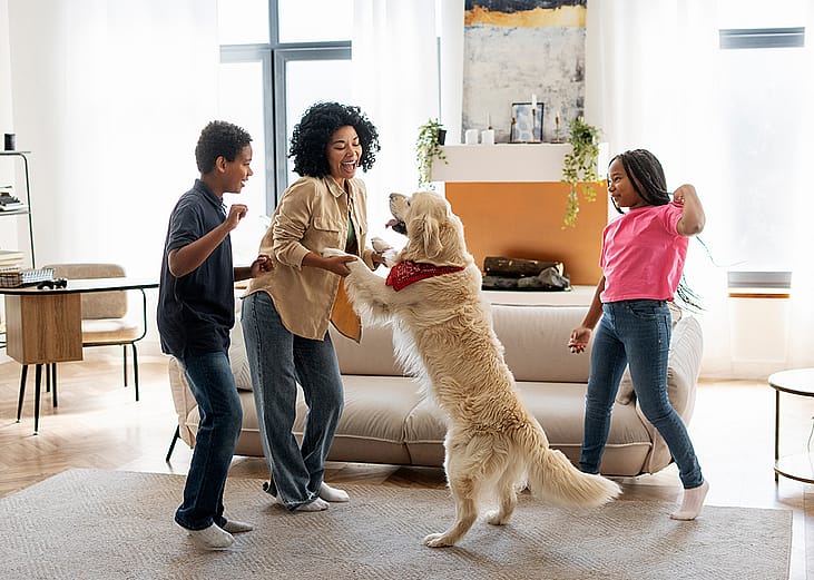 A happy family playing with their golden retriever in their living room.