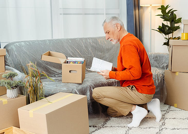 A senior man unpacking boxes of belongings when moving to a new home.