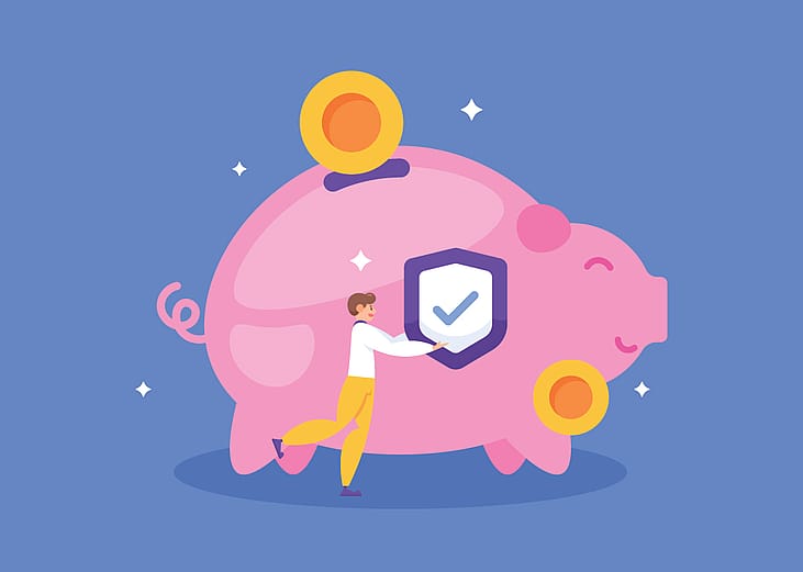 A vector illustration of a savings piggy bank with a person putting a check insurance concept symbol on it.