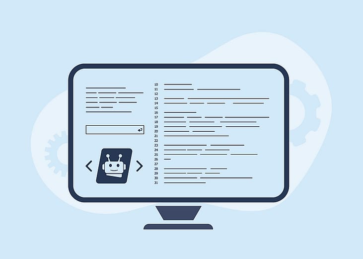 A vector illustration of a computer monitor with AI code writing graphics.