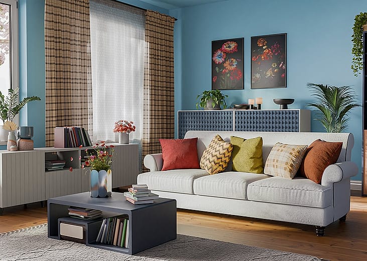 Interior of a modern living room with blue walls and a cozy furniture set.