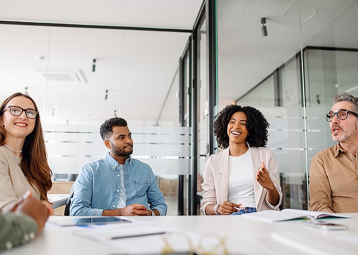 A diverse business team in a meeting room engaged in discussion.