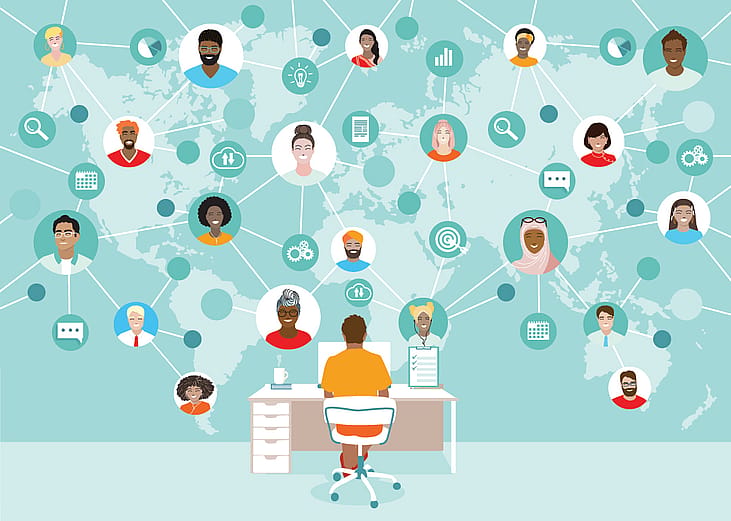 Vector illustration of a network of employees as a concept of virtual remote work.