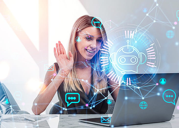 A businesswoman having a virtual call and with illustrations of AI network graphics.