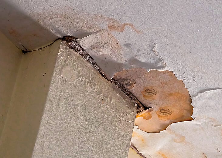 A corner of a home's ceiling falling apart from mold and water damage.