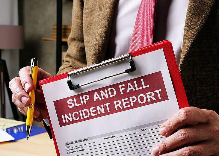 A slip and fall incident report on a clipboard.