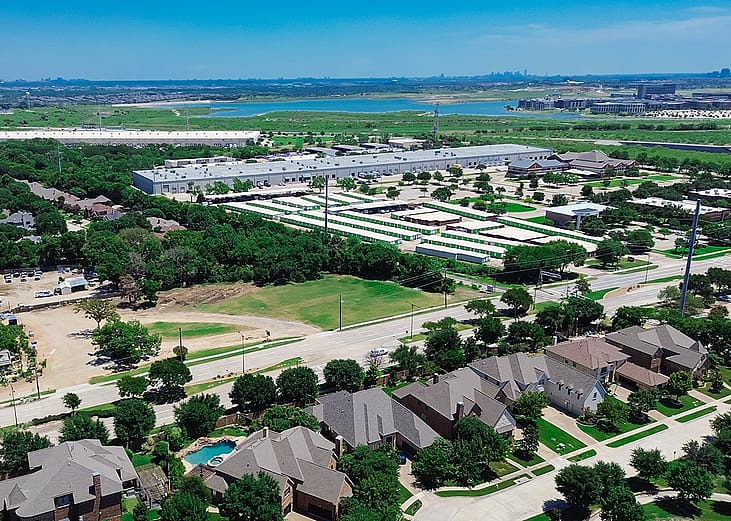 Aerial view of a mixed-use development along Belt Line boulevard outside Dallas Fort Worth, Texas.