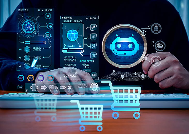 Person shopping online using a computer illustrated with AI shopping and technology graphics.