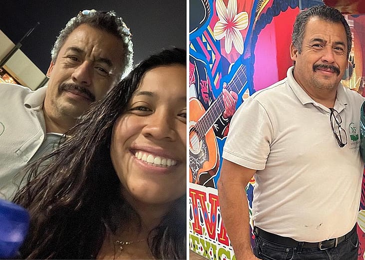 Two photos side by side. The left-hand photo is a selfie of Alondra Sotelo Garcia and her dad Moises Sotelo. The right-hand photo is a cropped image of Moises smiling for a posed picture.