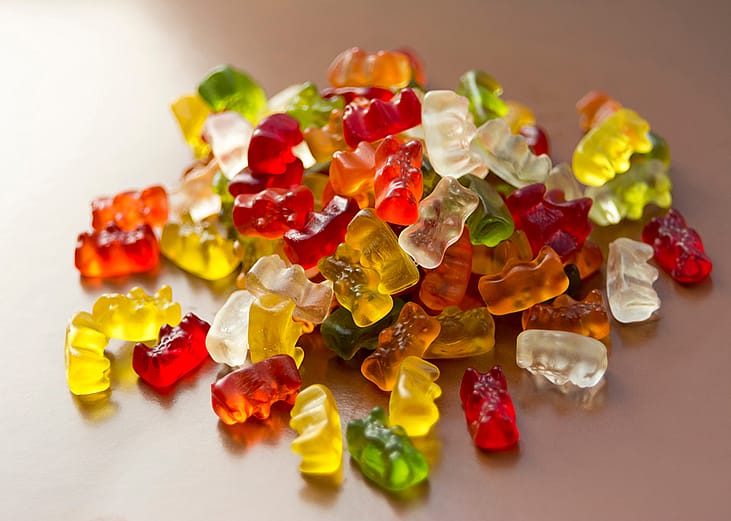 A heap of gummy bear candies.