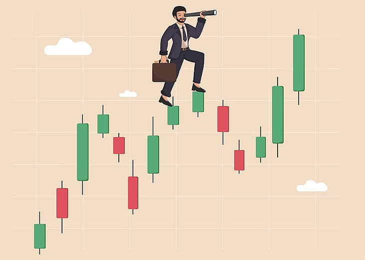Vector illustration of a businessman with a telescope standing on stock market candlestick chart.