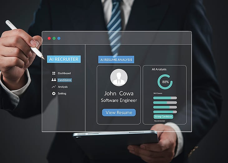 An AI recruitment software graphic over a businessman using a tablet.