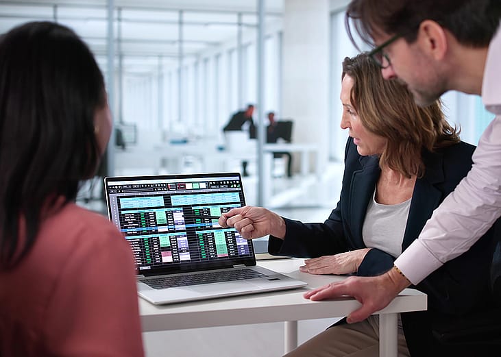 A business team reviewing billing reports displayed from a laptop.
