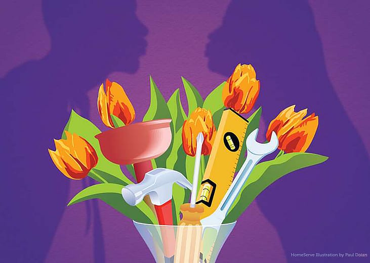 A custom digital art of a vase with flowers and a mix of home maintenance tools, with a purple background of a couple's shadow.