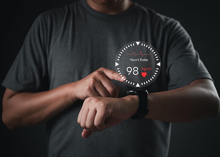 A man using smartwatch illustrated with heart rate monitor graphics.