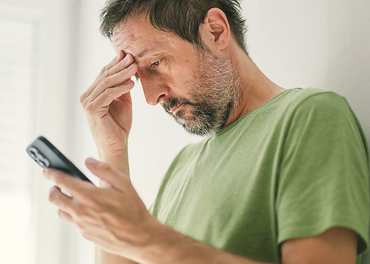Man at home reading a worrying text message.