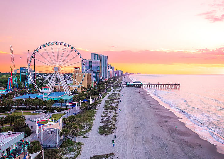Aerial view of Myrtle Beach in South Carolina during sunrise.