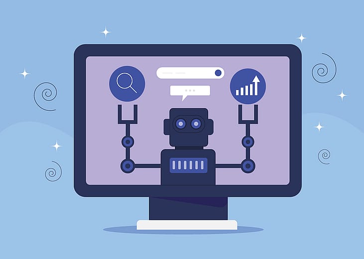 Vector illustration of a monitor displaying SEO and AI graphics.