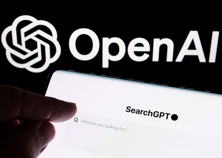 Hand pointing at SearchGPT bar with the logo of OpenAI in the background.