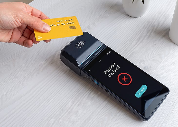 A contactless credit card payment declined on a POS terminal.