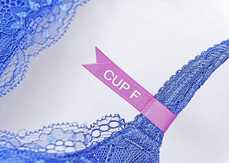 A blue lace bra with a 'Cup F' label.