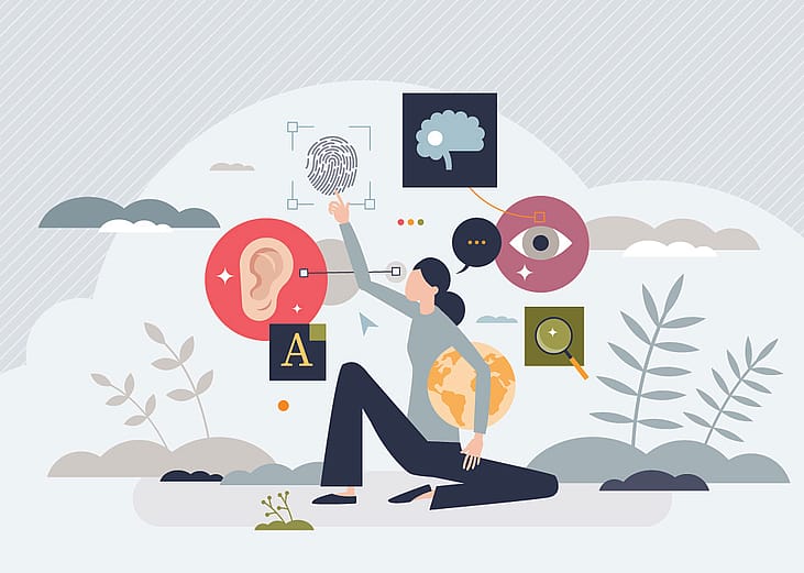 A vector illustration of a woman reaching out for internet graphics as a concept of web accessibility.