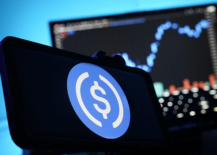 A stablecoin logo displayed on a smartphone.