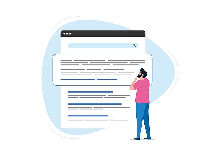 A vector of a person looking at search results page. 